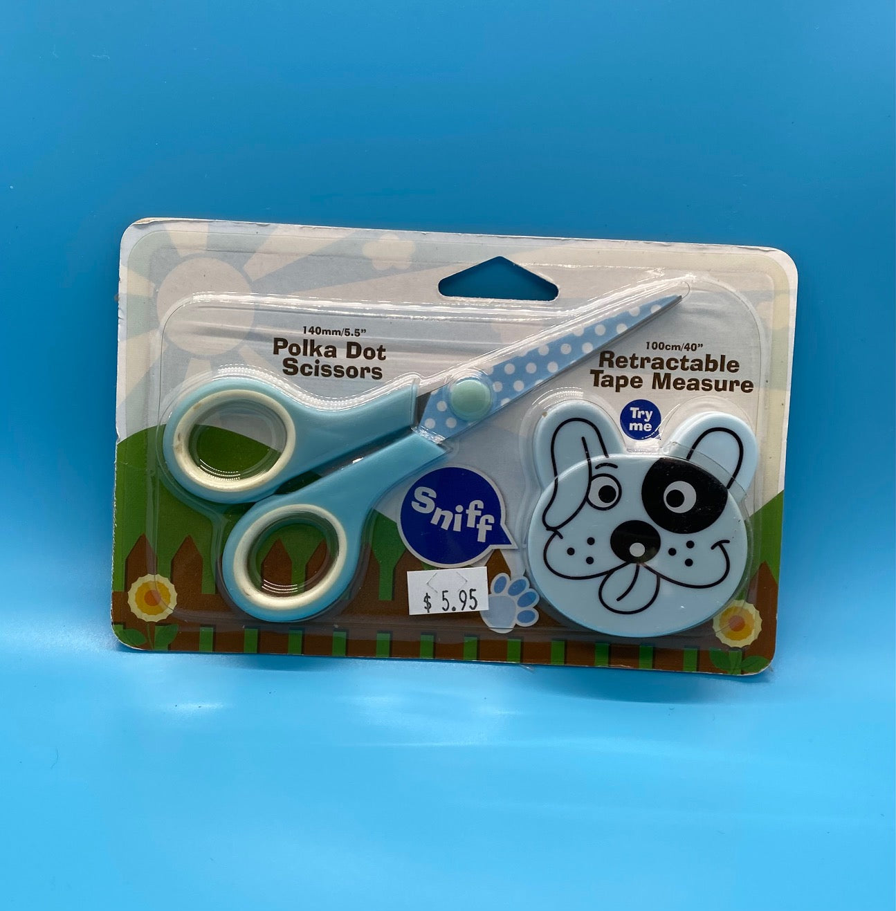 Scissors and tape measure set for kids - Blue with polka dots and